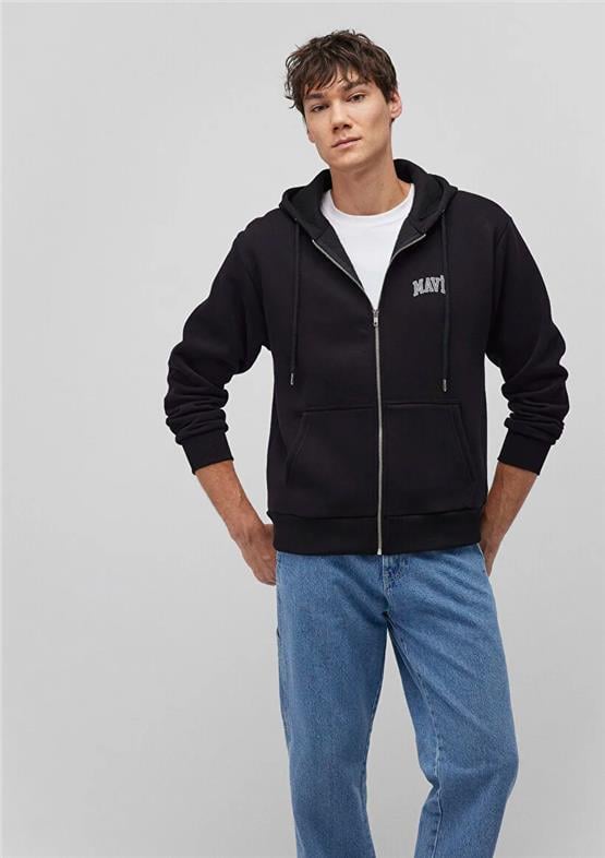 Mavı M0611715-900 Sıyah Erkek Loose Tam Fermuarlı Kapusonlu Mavı Logo Baskılı Sweatshırt