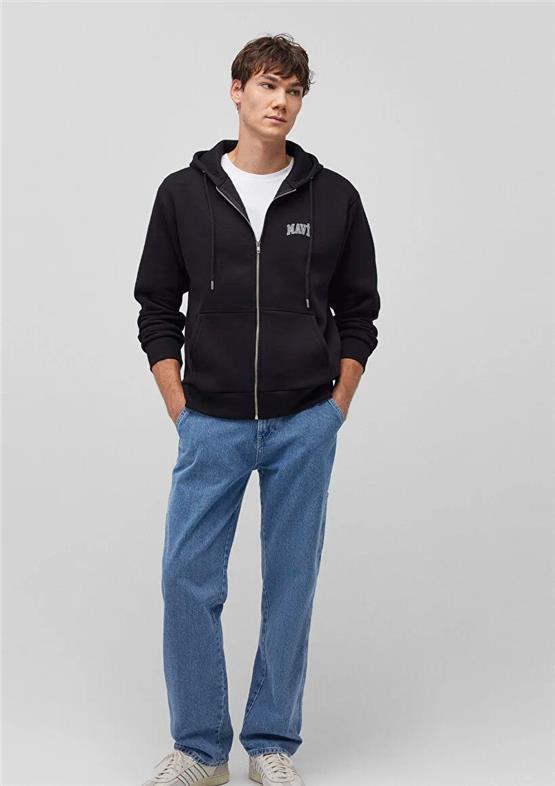 Mavı M0611715-900 Sıyah Erkek Loose Tam Fermuarlı Kapusonlu Mavı Logo Baskılı Sweatshırt