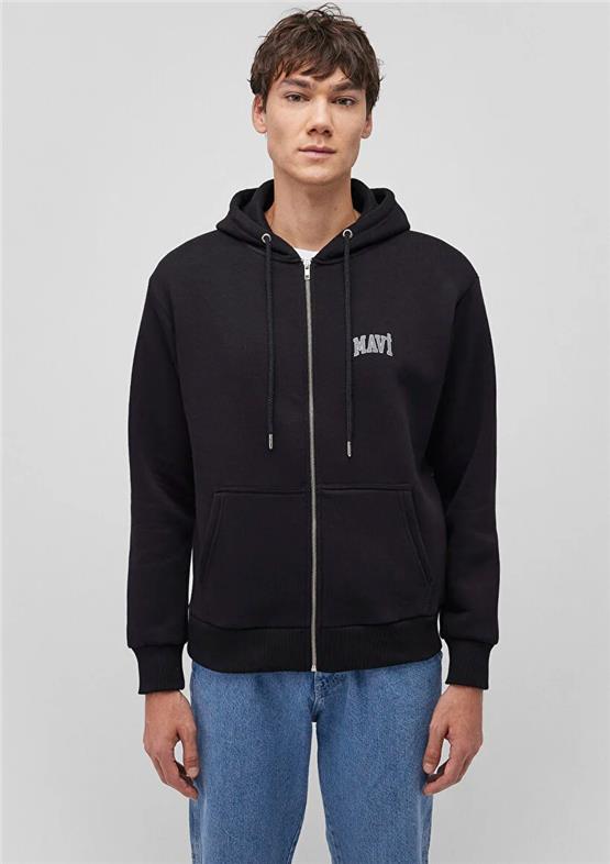 Mavı M0611715-900 Sıyah Erkek Loose Tam Fermuarlı Kapusonlu Mavı Logo Baskılı Sweatshırt