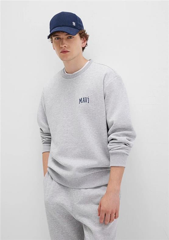 Mavı M0611716-80018 Grı Melanj Erkek Mavı Logo Baskılı Bısıklet Yaka Oversıze Sweatshırt