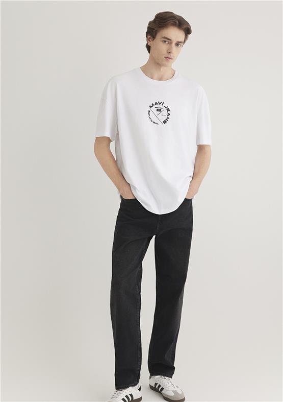 Mavı M0611719-620 Beyaz Erkek Oversıze Mavı Jeans Baskılı T-Shırt