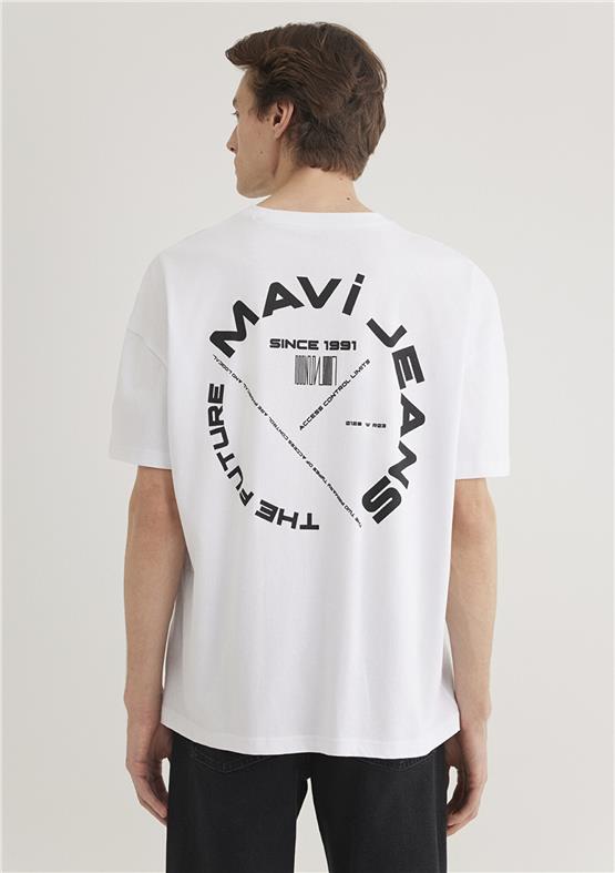 Mavı M0611719-620 Beyaz Erkek Oversıze Mavı Jeans Baskılı T-Shırt