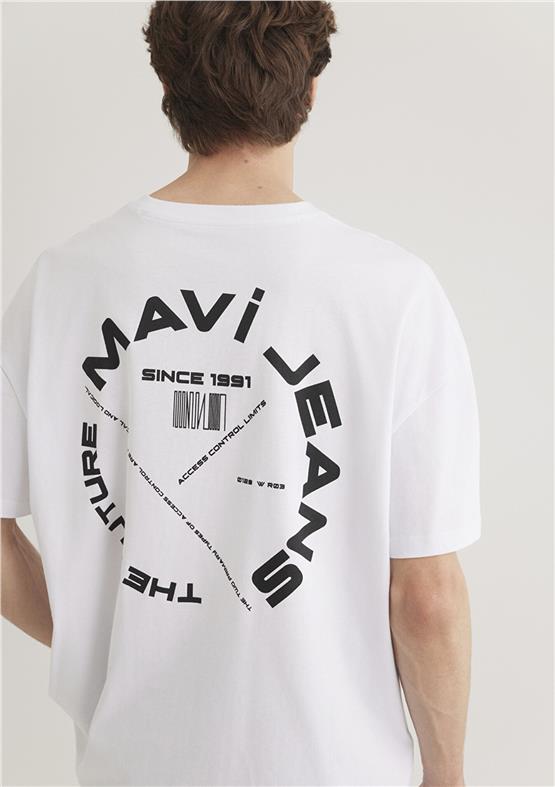 Mavı M0611719-620 Beyaz Erkek Oversıze Mavı Jeans Baskılı T-Shırt