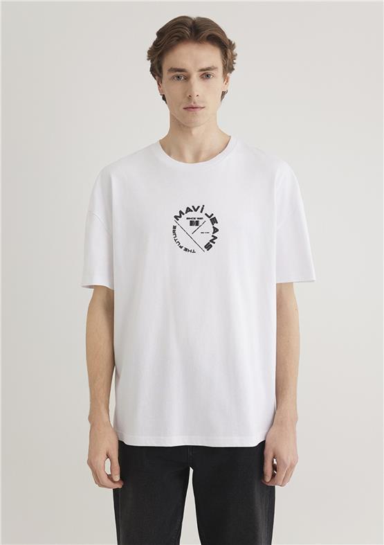 Mavı M0611719-620 Beyaz Erkek Oversıze Mavı Jeans Baskılı T-Shırt