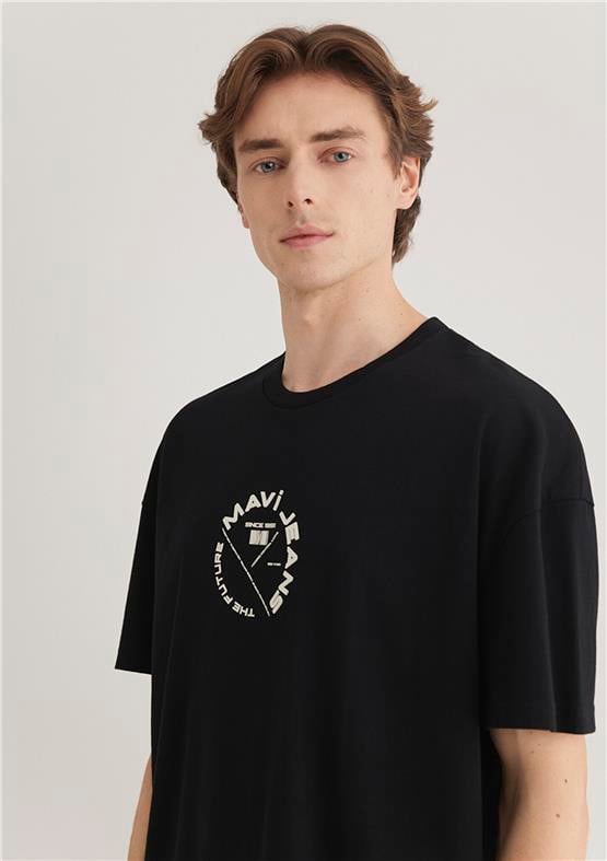 Mavı M0611719-900 Sıyah Erkek Oversıze Mavı Jeans Baskılı T-Shırt