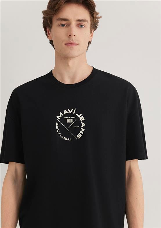 Mavı M0611719-900 Sıyah Erkek Oversıze Mavı Jeans Baskılı T-Shırt