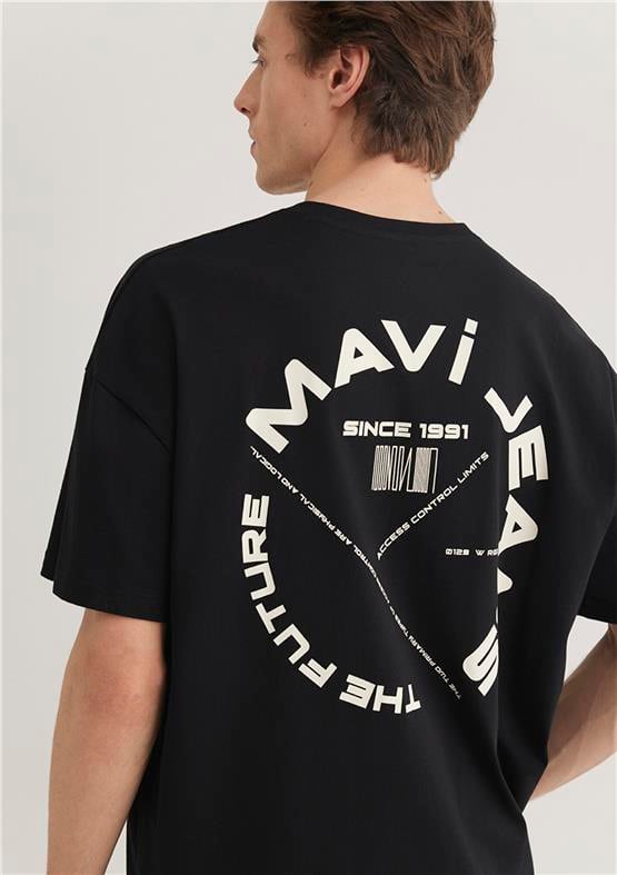 Mavı M0611719-900 Sıyah Erkek Oversıze Mavı Jeans Baskılı T-Shırt