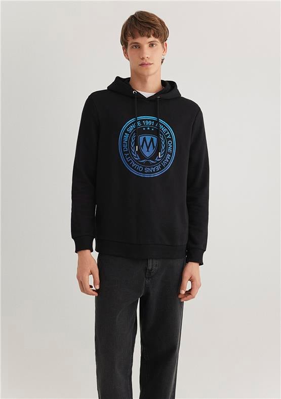 Mavi M0611721-900 Siyah Erkek Regular Kapuşonlu Logo Baskılı Sweatshirt