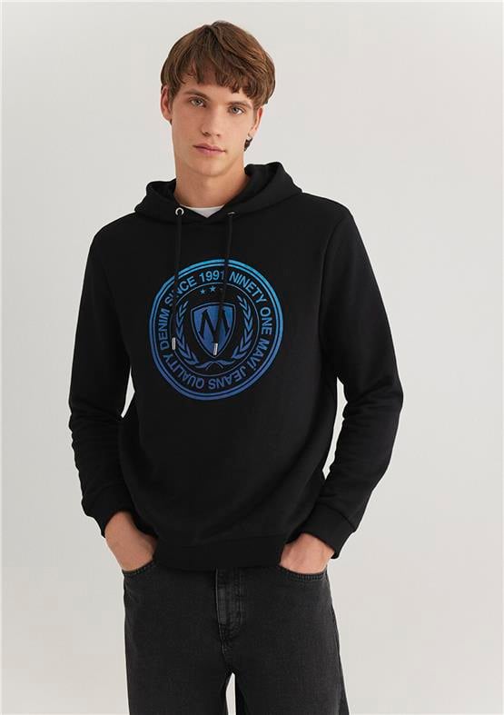 Mavi M0611721-900 Siyah Erkek Regular Kapuşonlu Logo Baskılı Sweatshirt