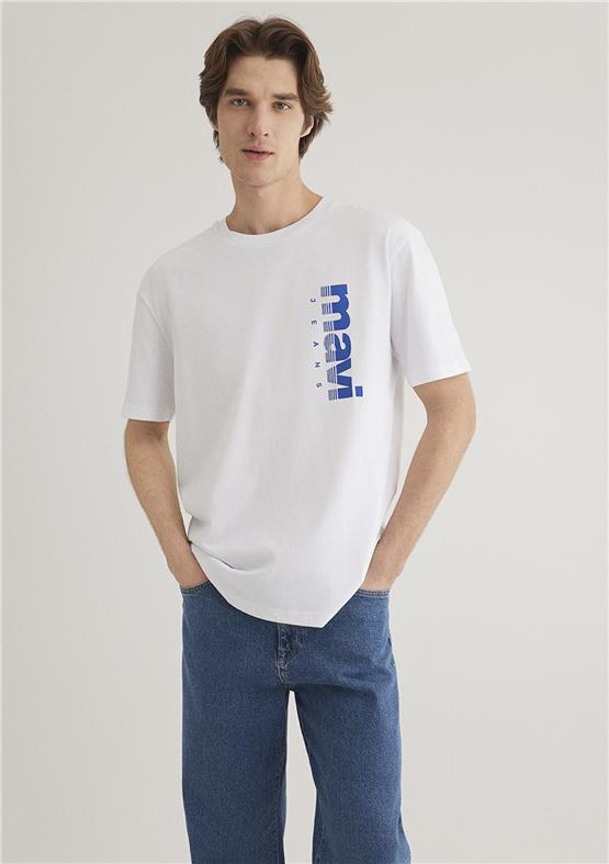 Mavı M0611745-620 Beyaz Erkek Loose Mavı Jeans Baskılı T-Shırt