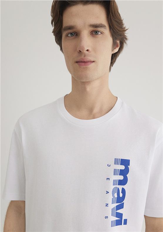 Mavı M0611745-620 Beyaz Erkek Loose Mavı Jeans Baskılı T-Shırt