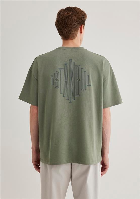 Mavı M0611882-80692 Acık Hakı Erkek Oversıze Istanbul Baskılı T-Shırt