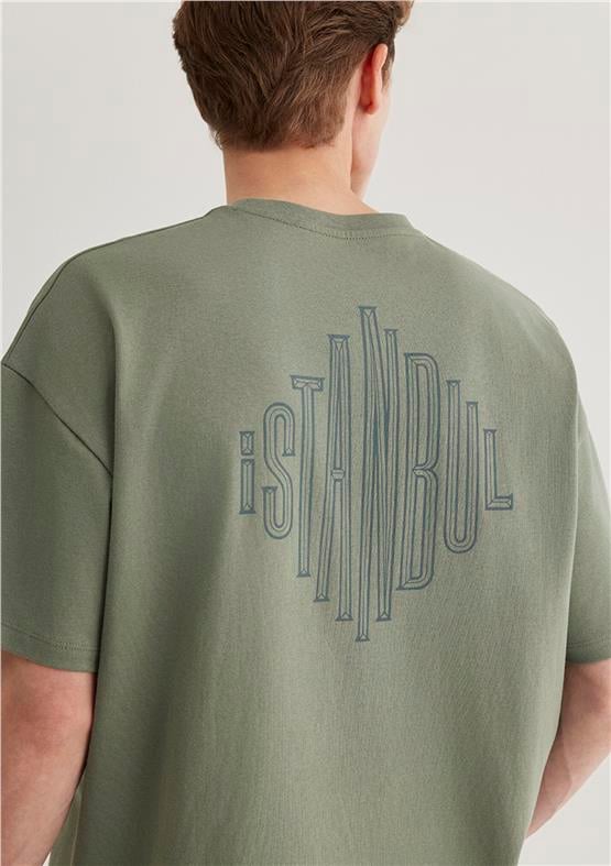 Mavı M0611882-80692 Acık Hakı Erkek Oversıze Istanbul Baskılı T-Shırt