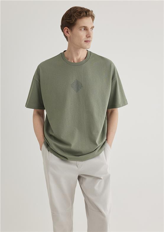 Mavı M0611882-80692 Acık Hakı Erkek Oversıze Istanbul Baskılı T-Shırt