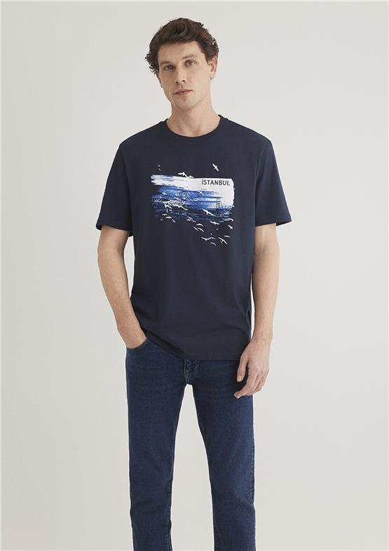Mavı M0611884-70490 Gece Lacıvert Erkek Regular Istanbul Baskılı T-Shırt