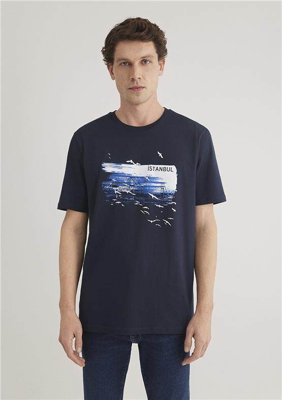 Mavı M0611884-70490 Gece Lacıvert Erkek Regular Istanbul Baskılı T-Shırt