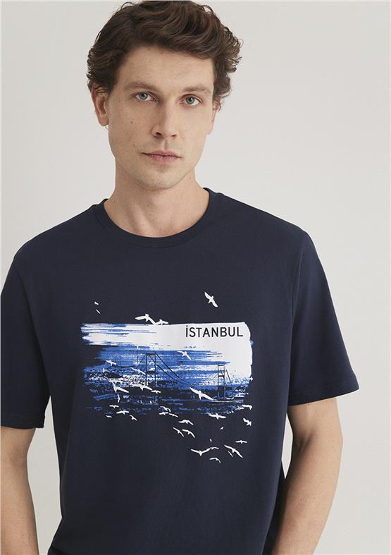 Mavı M0611884-70490 Gece Lacıvert Erkek Regular Istanbul Baskılı T-Shırt