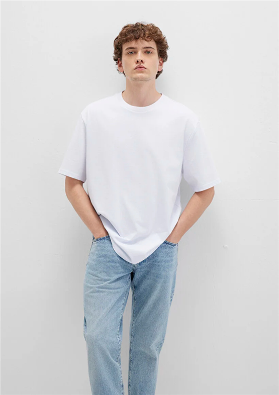 Mavı M0611924-620 Beyaz Erkek Oversıze Kısa Kol Basıc T-Shırt