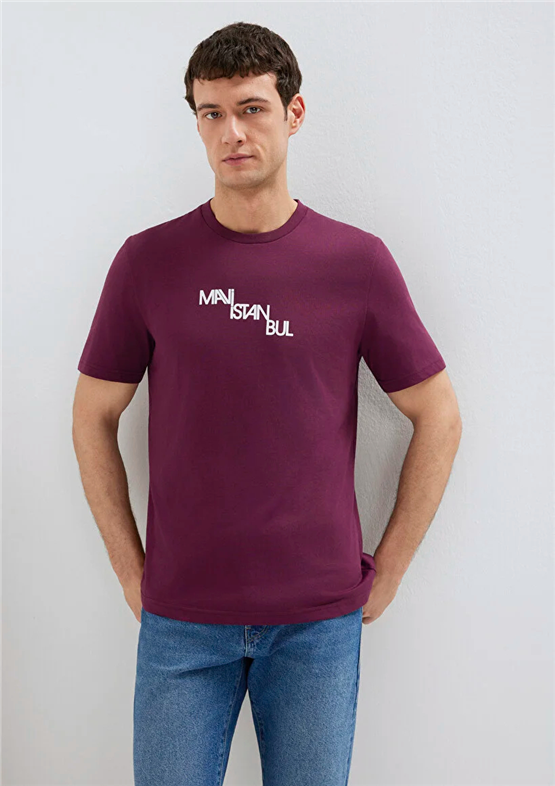 Mavı M0612274-70670 Koyu Sarap Erkek Regular Mavı Istanbul Baskılı T-Shırt