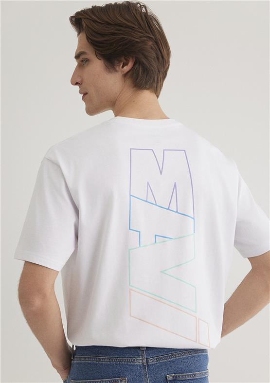 Mavı M0612350-620 Beyaz Erkek Loose Mavı Baskılı T-Shırt