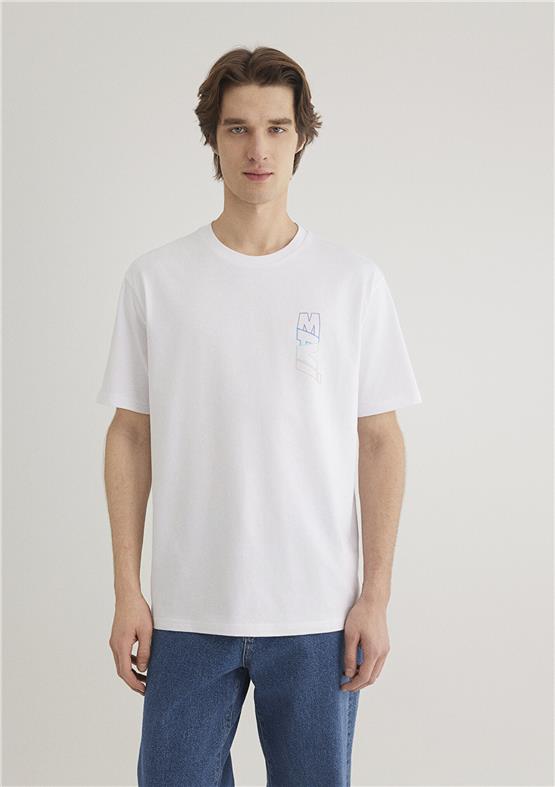 Mavı M0612350-620 Beyaz Erkek Loose Mavı Baskılı T-Shırt