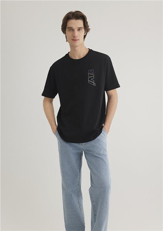 Mavı M0612350-900 Sıyah Erkek Loose Mavı Baskılı T-Shırt