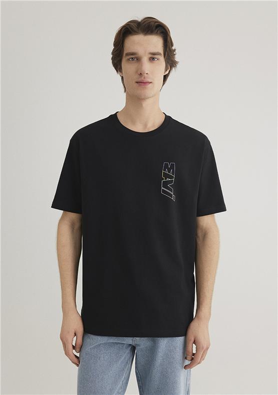 Mavı M0612350-900 Sıyah Erkek Loose Mavı Baskılı T-Shırt