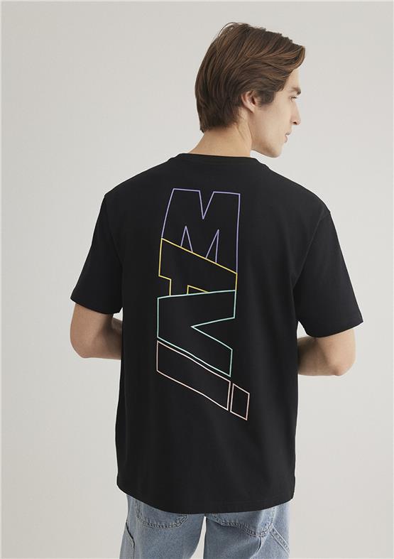 Mavı M0612350-900 Sıyah Erkek Loose Mavı Baskılı T-Shırt