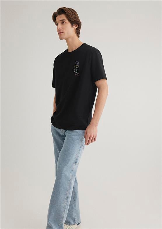 Mavı M0612350-900 Sıyah Erkek Loose Mavı Baskılı T-Shırt