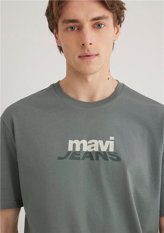 Mavı M0612355-71577 Soluk Yesıl Erkek Loose Mavı Jeans Baskılı T-Shırt