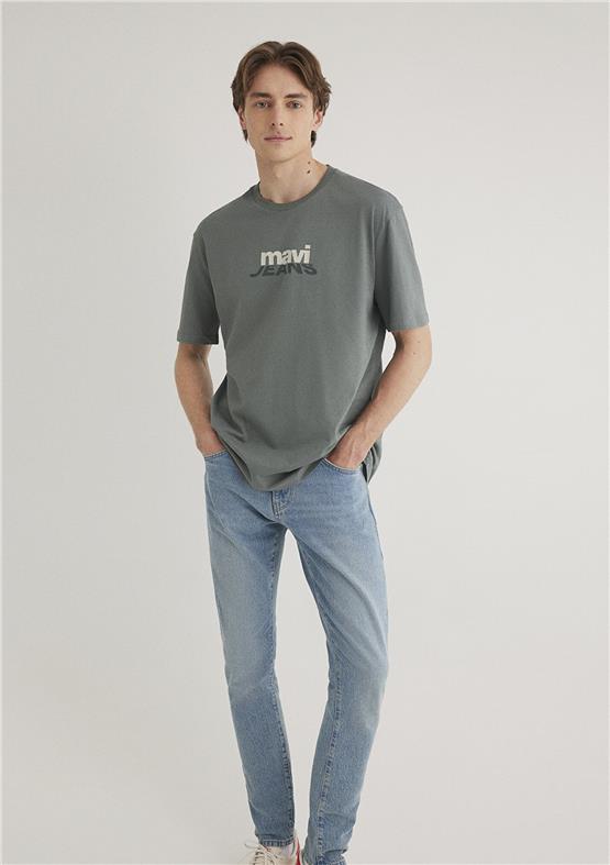 Mavı M0612355-71577 Soluk Yesıl Erkek Loose Mavı Jeans Baskılı T-Shırt