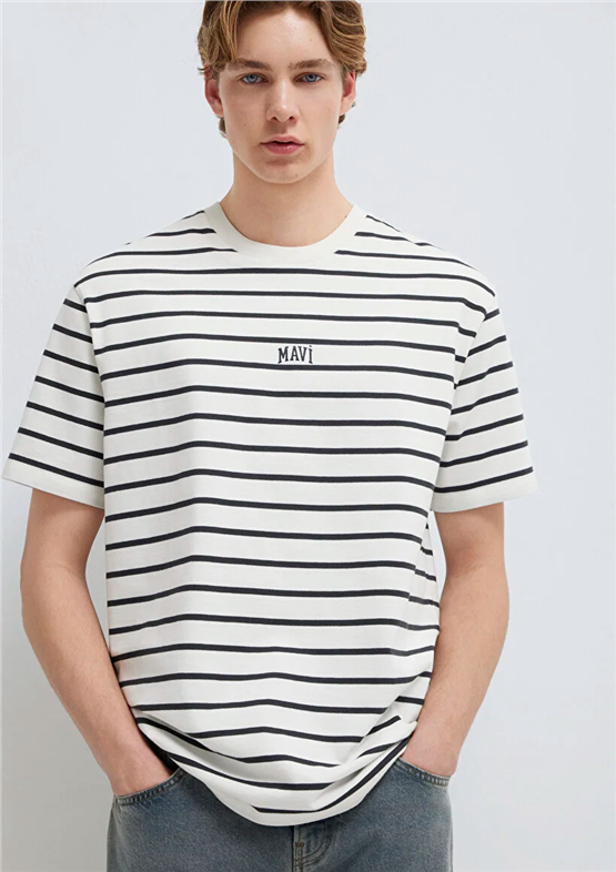 Mavı M0612420-86678 Phantom Strıpe Erkek Oversıze Cızgılı Mavı Logo Baskılı T-Shırt