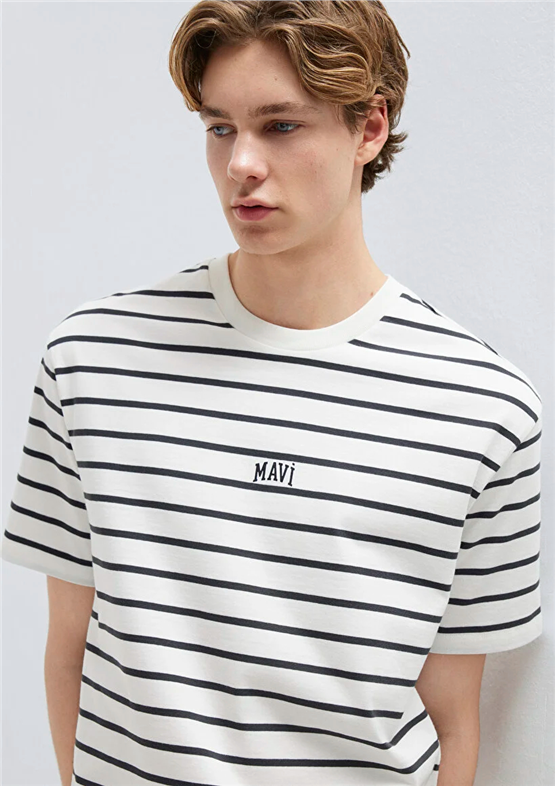 Mavı M0612420-86678 Phantom Strıpe Erkek Oversıze Cızgılı Mavı Logo Baskılı T-Shırt