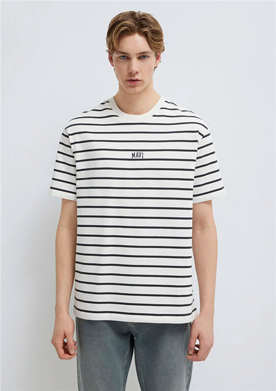 Mavı M0612420-86678 Phantom Strıpe Erkek Oversıze Cızgılı Mavı Logo Baskılı T-Shırt