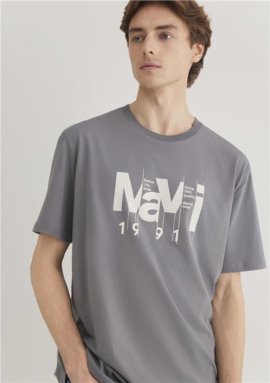 Mavı M0612461-80020 Grı Erkek Loose Mavı Baskılı T-Shırt