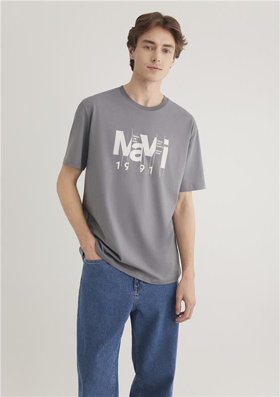 Mavı M0612461-80020 Grı Erkek Loose Mavı Baskılı T-Shırt