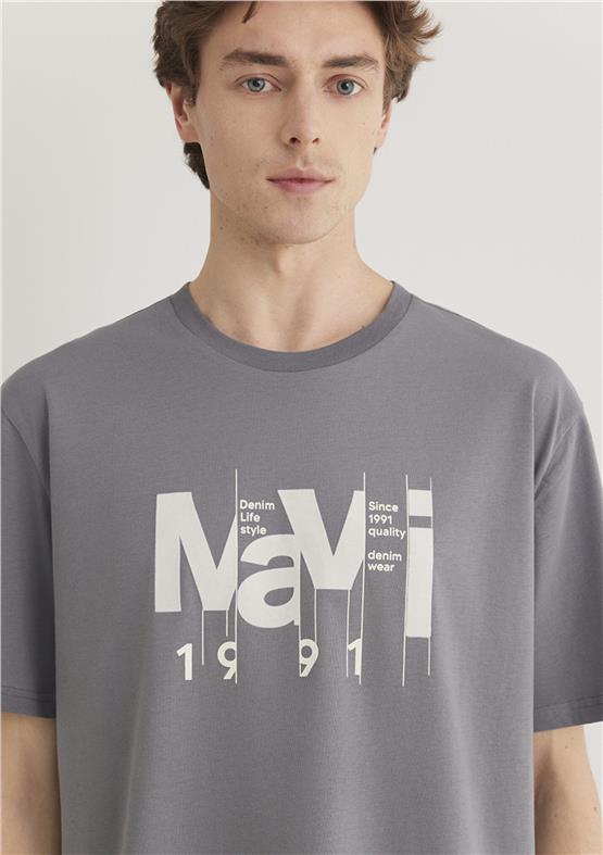 Mavı M0612461-80020 Grı Erkek Loose Mavı Baskılı T-Shırt