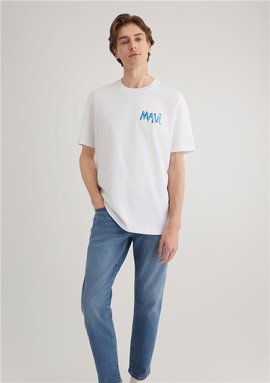 Mavı M0612468-620 Beyaz Erkek Loose Mavı Baskılı T-Shırt