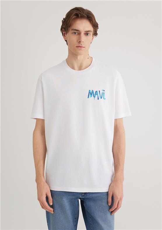 Mavı M0612468-620 Beyaz Erkek Loose Mavı Baskılı T-Shırt