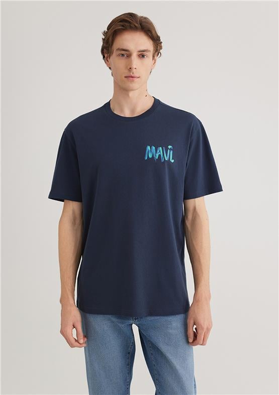 Mavı M0612468-70490 Gece Lacıvert Erkek Loose Mavı Baskılı T-Shırt