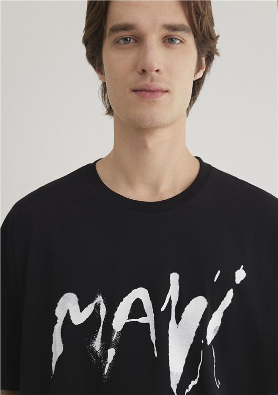 Mavı M0612469-900 Sıyah Erkek Oversıze Mavı Baskılı T-Shırt