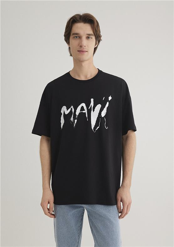 Mavı M0612469-900 Sıyah Erkek Oversıze Mavı Baskılı T-Shırt