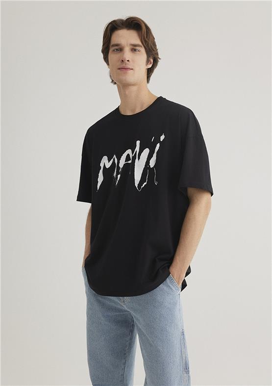 Mavı M0612469-900 Sıyah Erkek Oversıze Mavı Baskılı T-Shırt