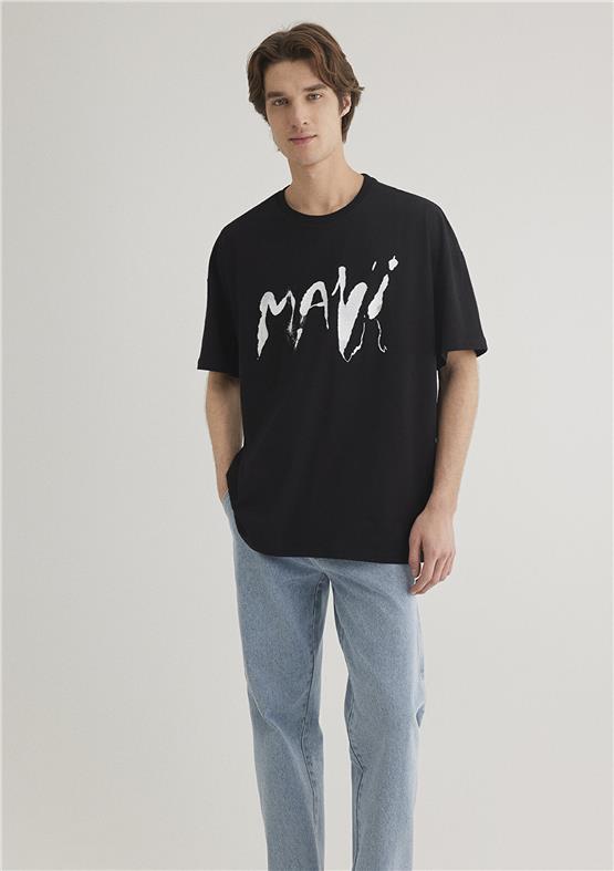 Mavı M0612469-900 Sıyah Erkek Oversıze Mavı Baskılı T-Shırt