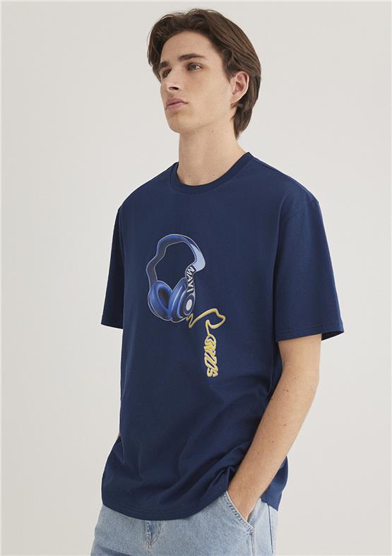 Mavı M0612484-89353 Pageant Blue Erkek Loose Baskılı T-Shırt