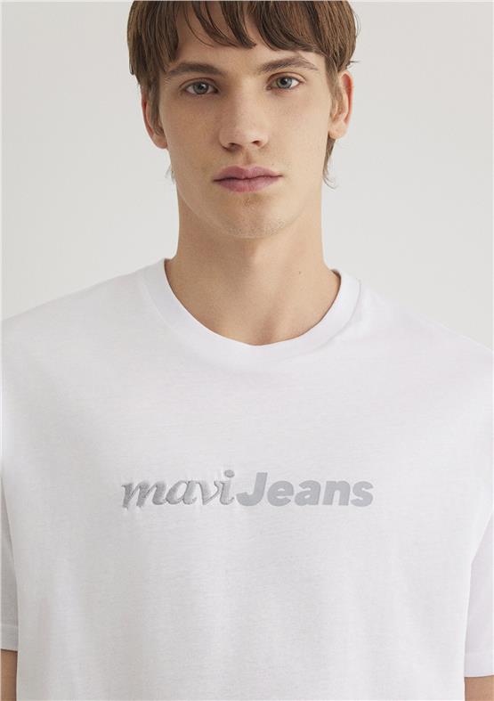 Mavı M0612523-620 Beyaz Erkek Loose Mavı Jeans Baskılı T-Shırt