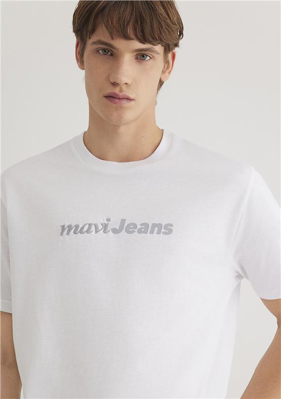 Mavı M0612523-620 Beyaz Erkek Loose Mavı Jeans Baskılı T-Shırt