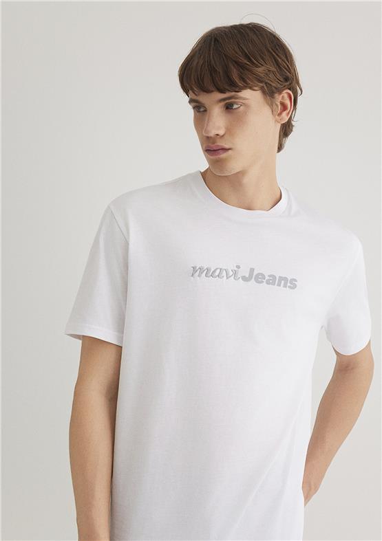 Mavı M0612523-620 Beyaz Erkek Loose Mavı Jeans Baskılı T-Shırt