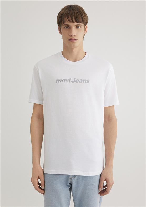 Mavı M0612523-620 Beyaz Erkek Loose Mavı Jeans Baskılı T-Shırt