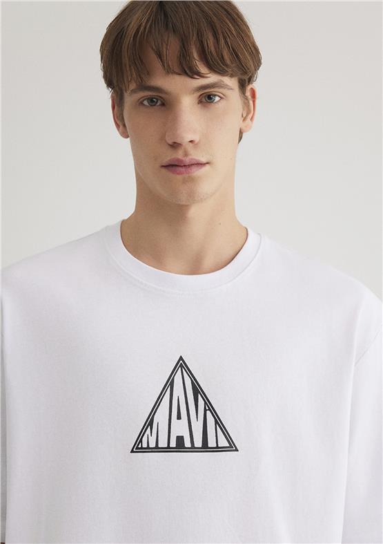 Mavı M0612524-620 Beyaz Erkek Loose Mavı Baskılı T-Shırt